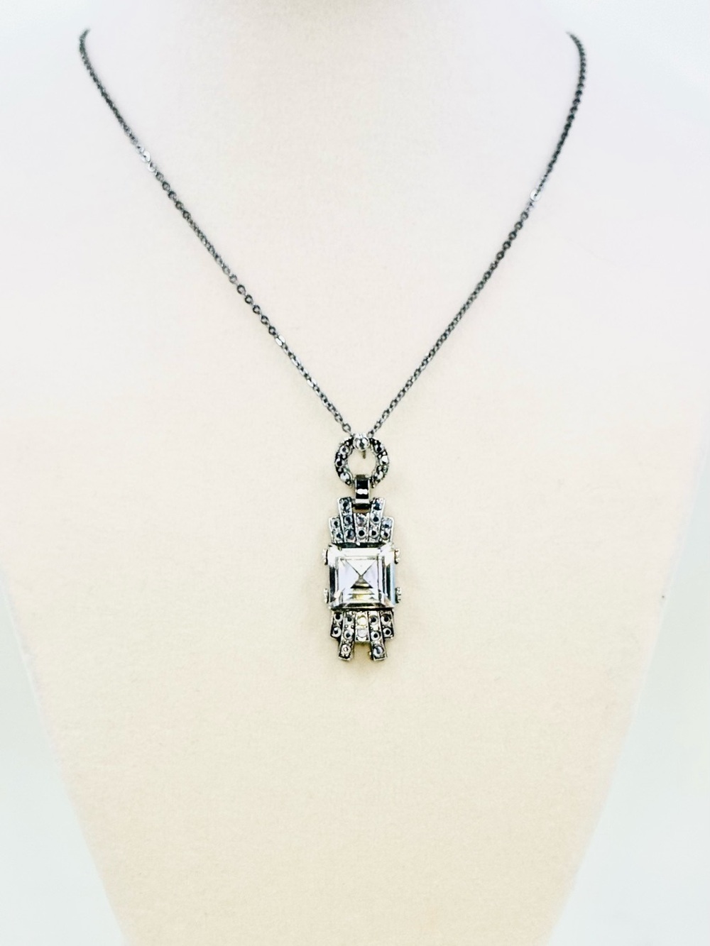Kirks Folly Vintage Art Deco Silver-Tone Crystal Drop Pendant & 18” Necklace